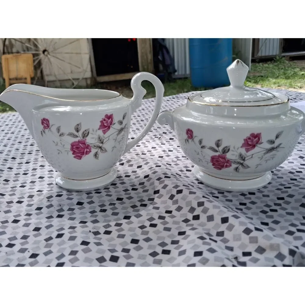 Fine China Cream Creamer and Sugar Set Pink Roses - Gold Trim